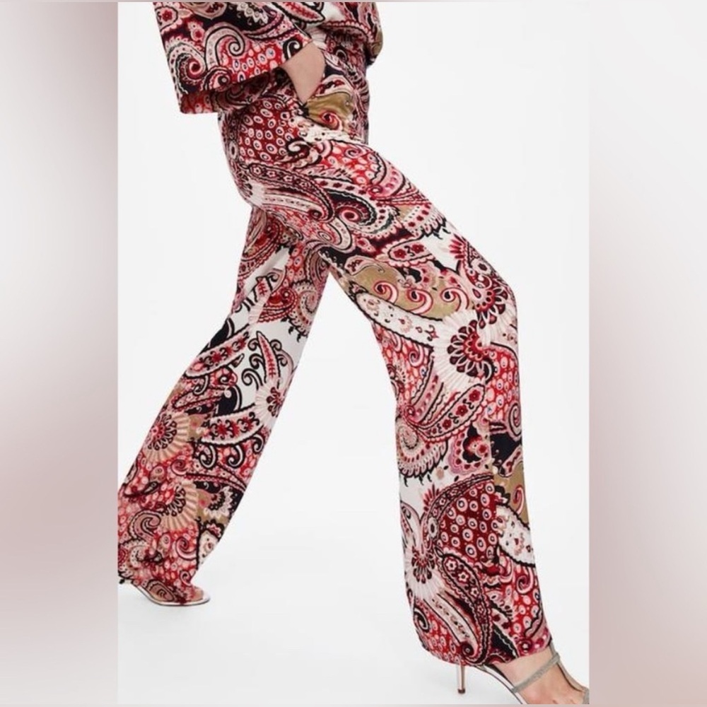 Zara Satin Paisley Print Wide-Leg Boho Pants Red Brown Cream S
